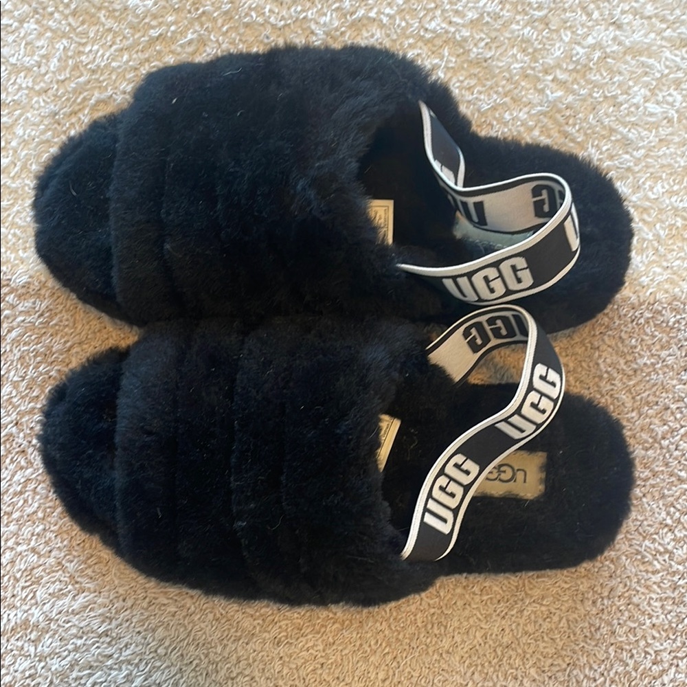 UGG Black Fluffy Slippers